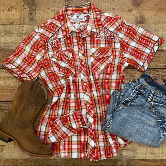 - Tops - Western Red Plaid, Pearl Snap, Embroidered Shoulders Coastal Cowgirl